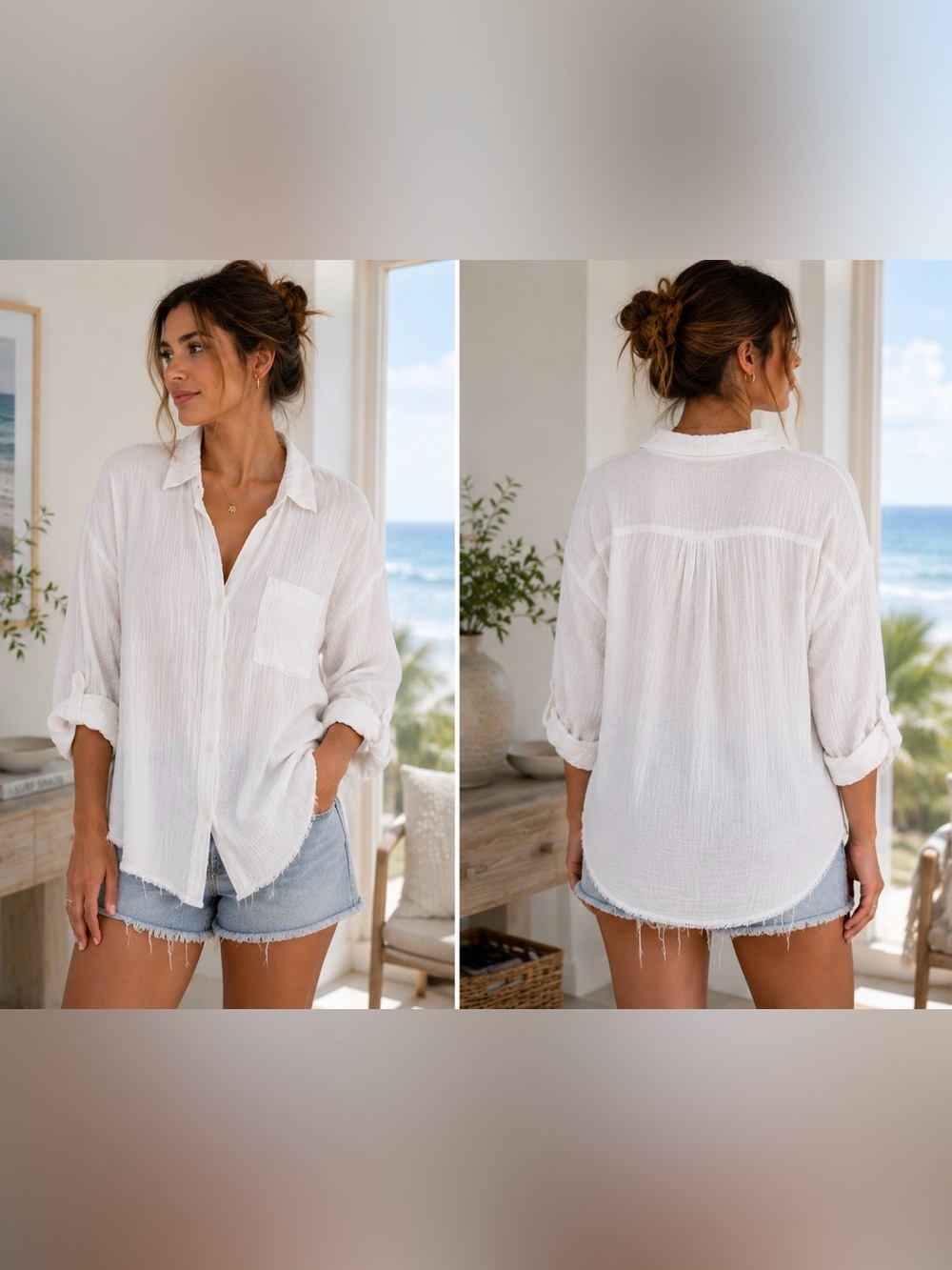 Aerie White Cotton Double Gauze Button Down Shirt Oversized Frayed Hem XL